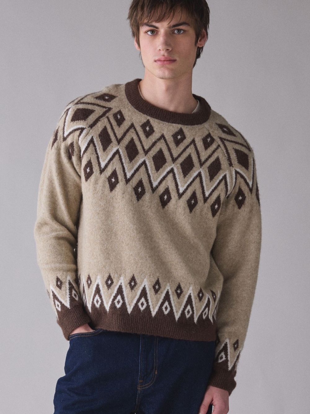 Urban Outfitters Fair Isle Everyday Cozy Crew Neck Sweater Large Neutral Brown